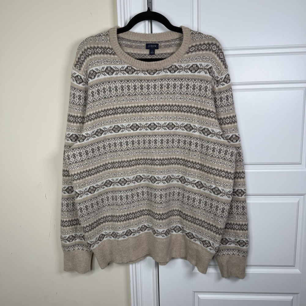 J. Crew Lambswool Fair Isle Sweater Men's Large Beige Crewneck Nordic Outdoors
